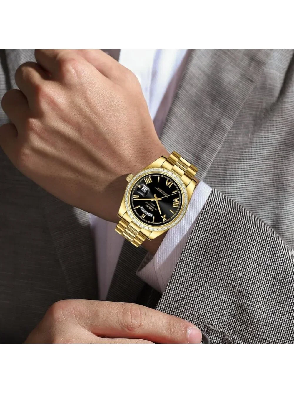 Nibosi Men's Gold Black Analog Quartz Diamond Bezel Stainless Waterproof Watch